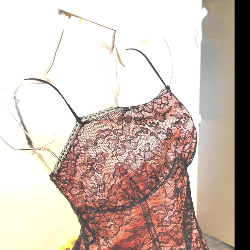 Gorgeous Black Lace over Pink Charmeuse Silk Cami, Bustier, Top M, Neiman Marcus